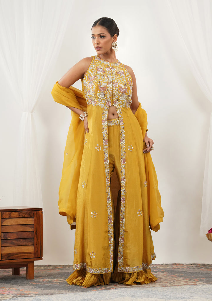 Mustard Zariwork Semi Crepe Readymade Salwar Suit