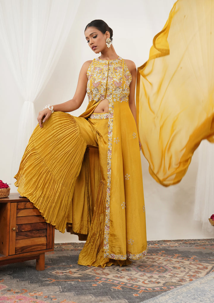 Mustard Zariwork Semi Crepe Readymade Salwar Suit