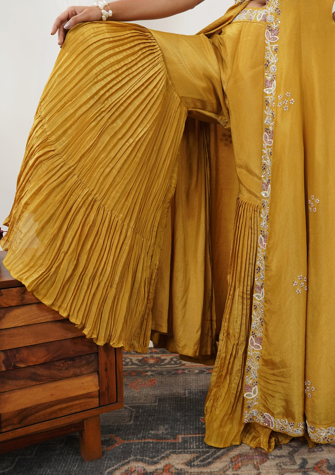 Mustard Zariwork Semi Crepe Readymade Salwar Suit