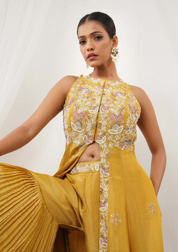 Mustard Zariwork Semi Crepe Readymade Salwar Suit