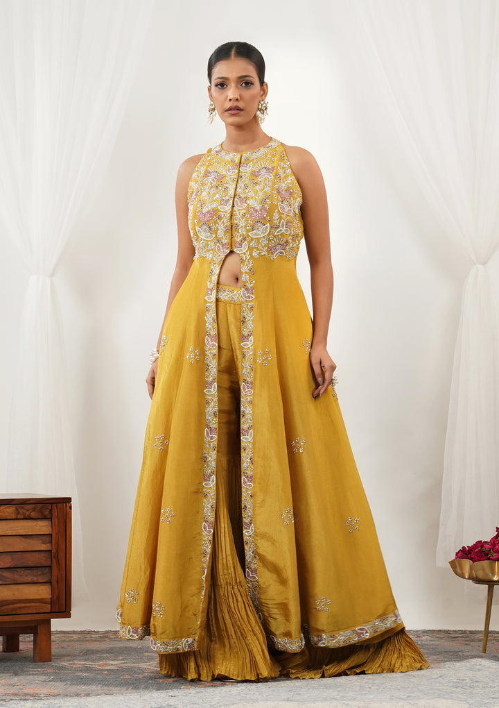Mustard Zariwork Semi Crepe Readymade Salwar Suit