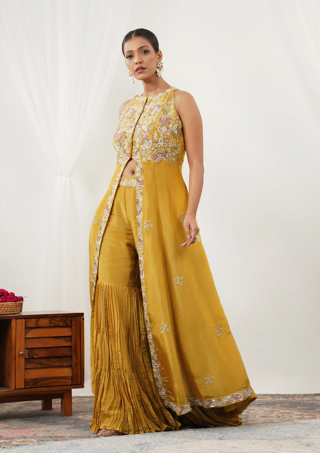 Mustard Zariwork Semi Crepe Readymade Salwar Suit