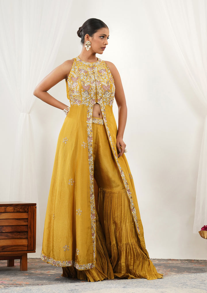 Mustard Zariwork Semi Crepe Readymade Salwar Suit