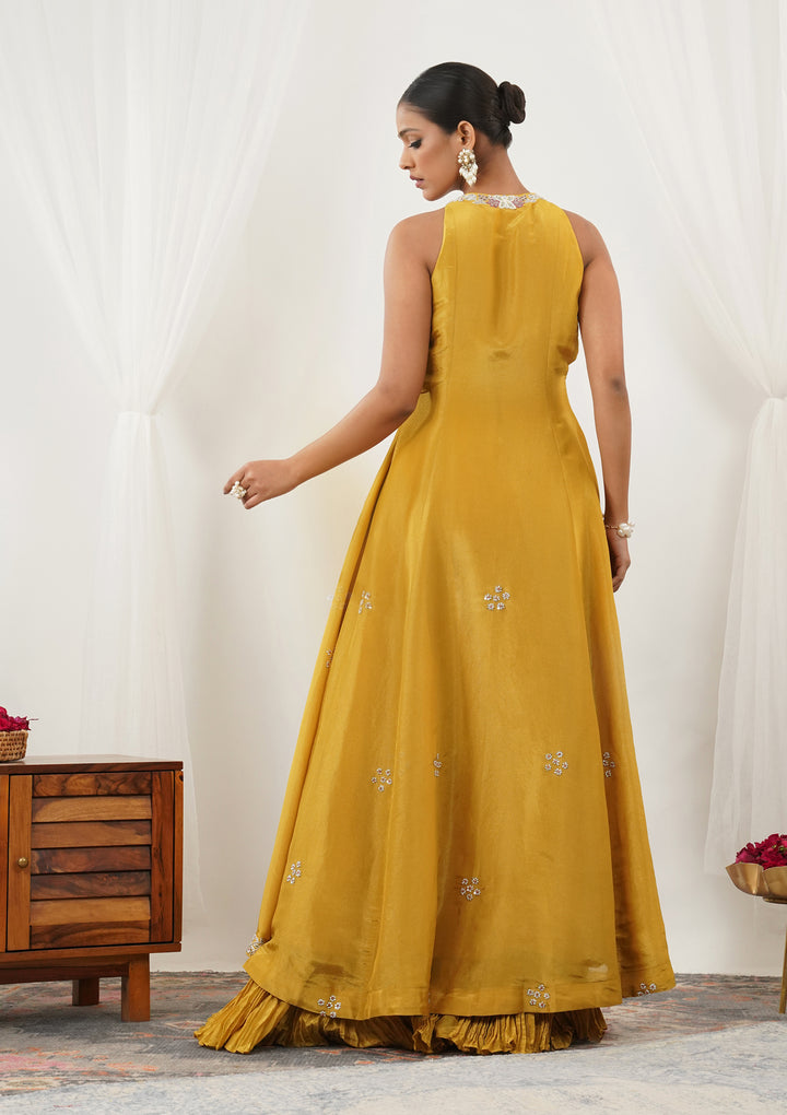 Mustard Zariwork Semi Crepe Readymade Salwar Suit