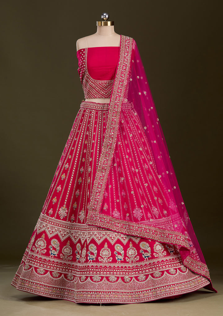 Rani Pink Zardosi Raw Silk Semi-Stitched Lehenga