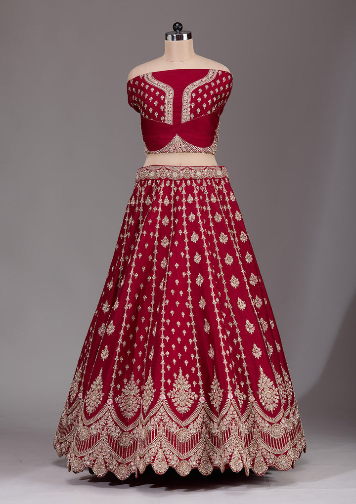 Maroon Zardosi Raw Silk Semi-Stitched Lehenga