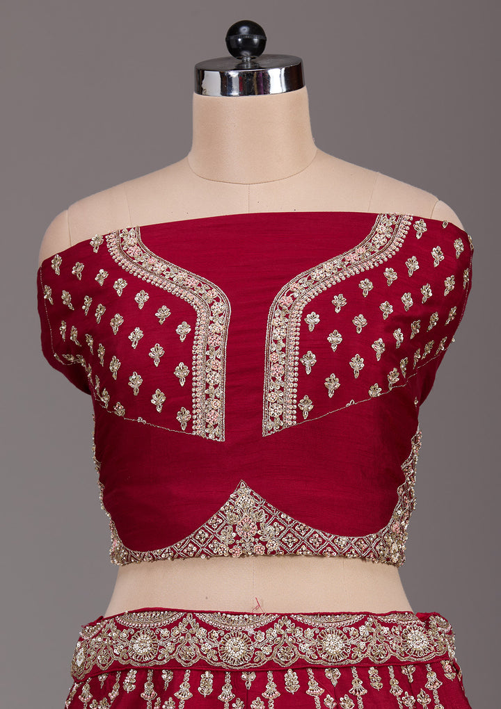 Maroon Zardosi Raw Silk Semi-Stitched Lehenga