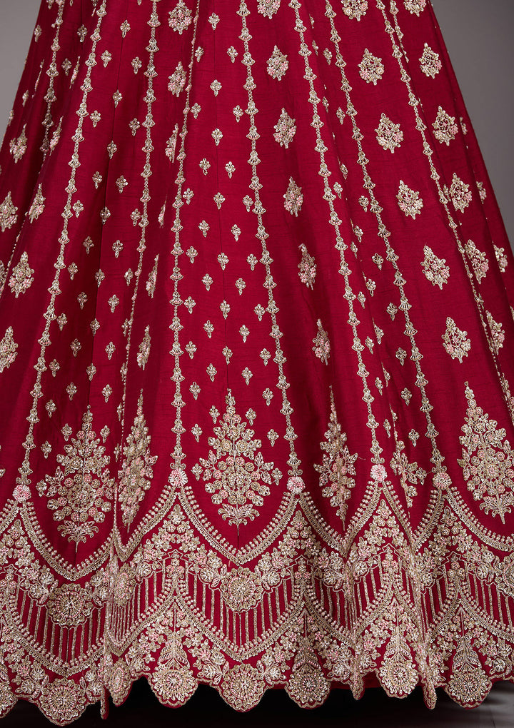 Maroon Zardosi Raw Silk Semi-Stitched Lehenga