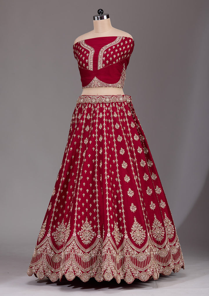 Maroon Zardosi Raw Silk Semi-Stitched Lehenga