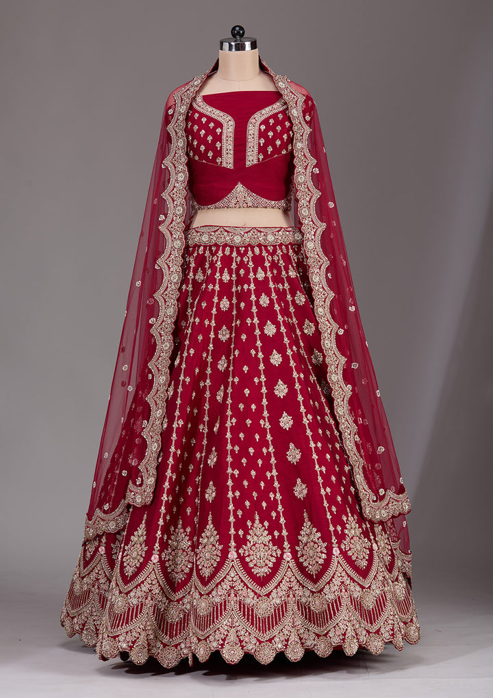 Maroon Zardosi Raw Silk Semi-Stitched Lehenga