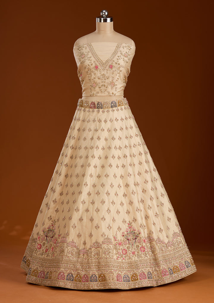 Cream Zardosi Raw Silk Semi-Stitched Lehenga