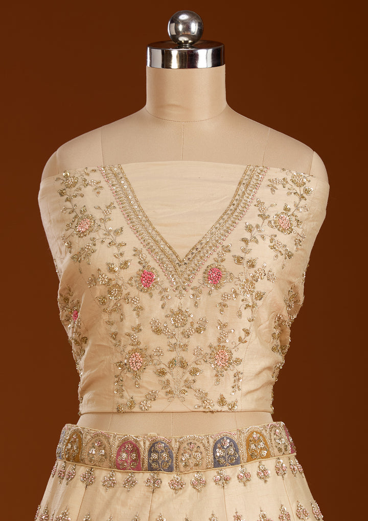 Cream Zardosi Raw Silk Semi-Stitched Lehenga