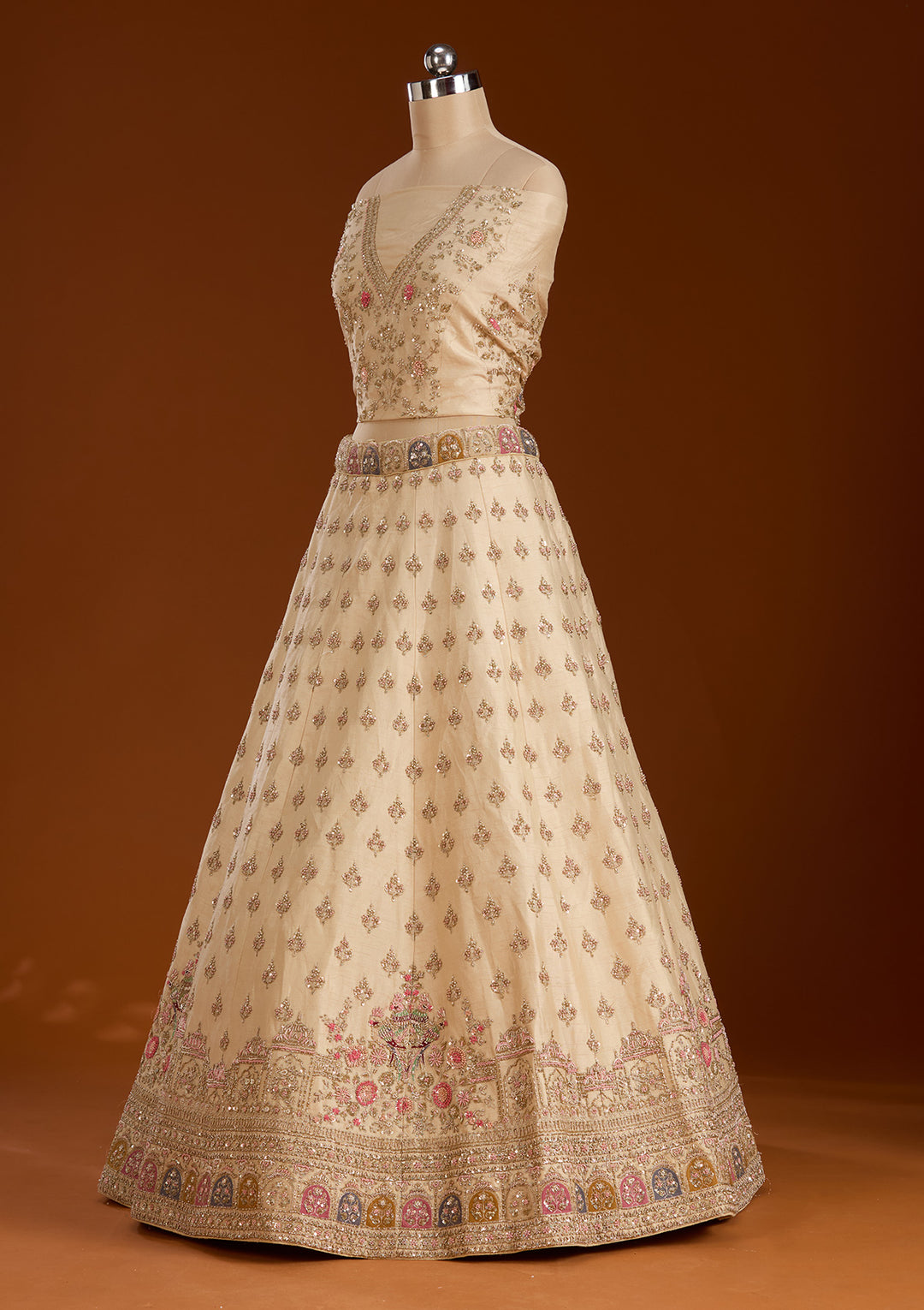 Cream Zardosi Raw Silk Semi-Stitched Lehenga