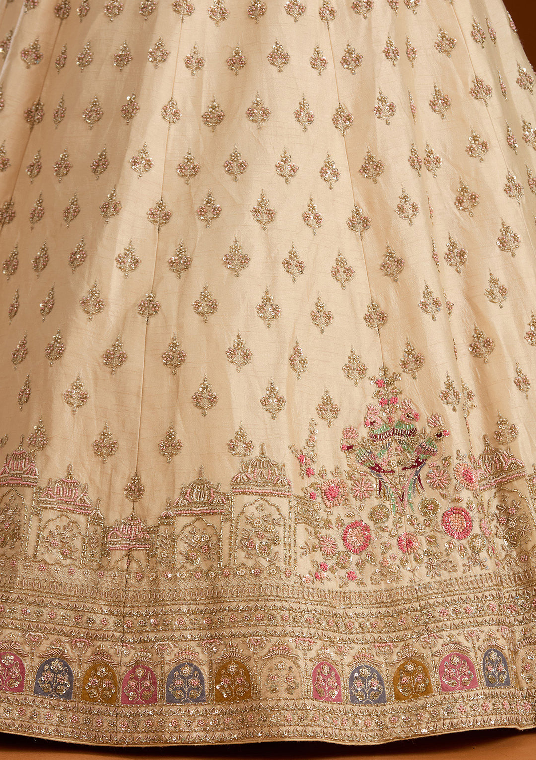 Cream Zardosi Raw Silk Semi-Stitched Lehenga
