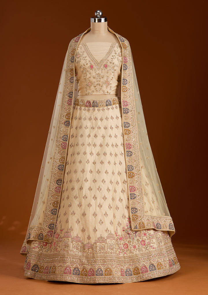 Cream Zardosi Raw Silk Semi-Stitched Lehenga