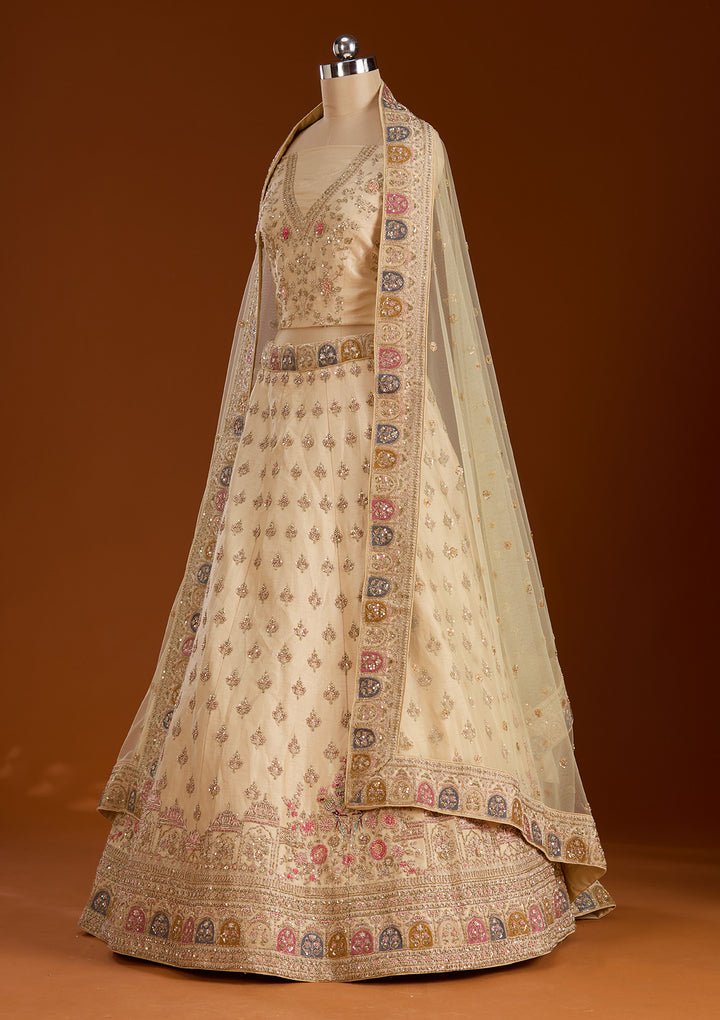 Cream Zardosi Raw Silk Semi-Stitched Lehenga