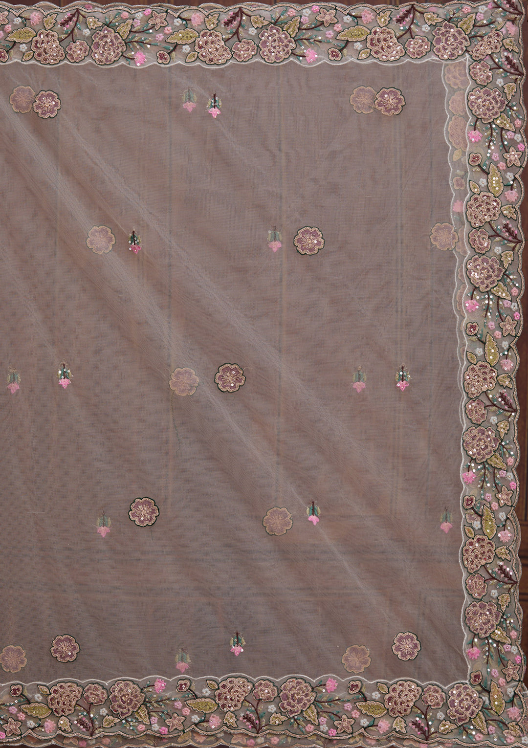 Beige Zariwork (Gold) Net Readymade Lehenga