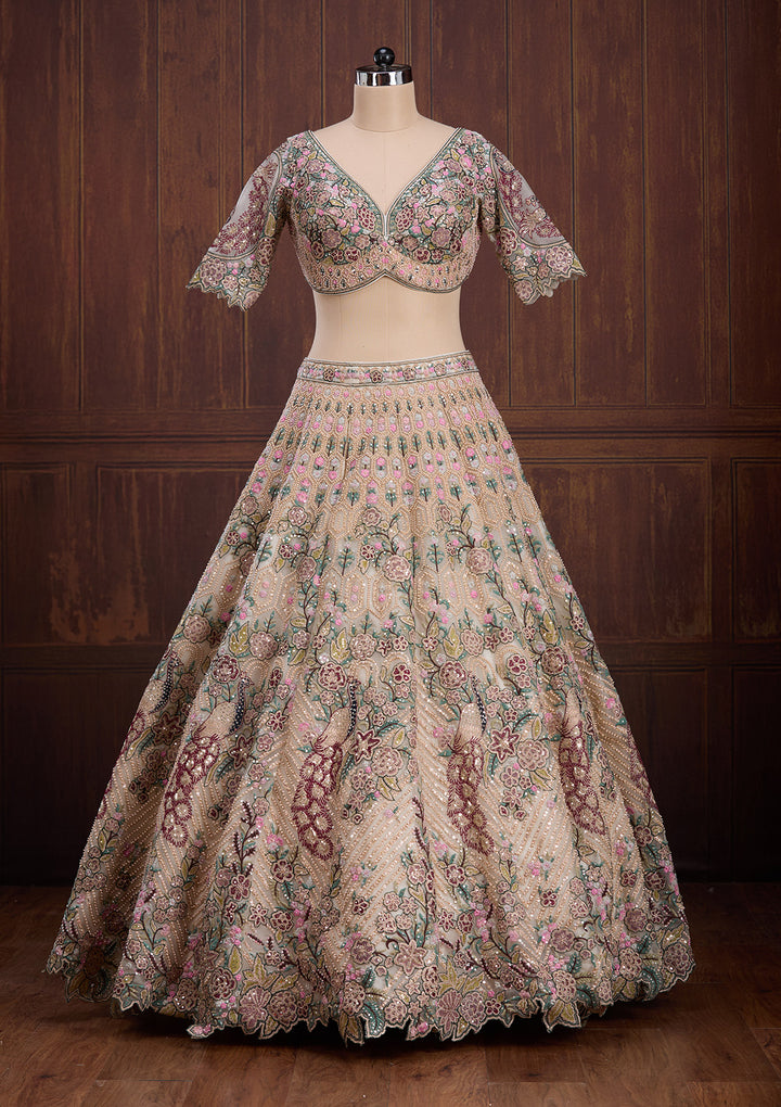 Beige Zariwork (Gold) Net Readymade Lehenga
