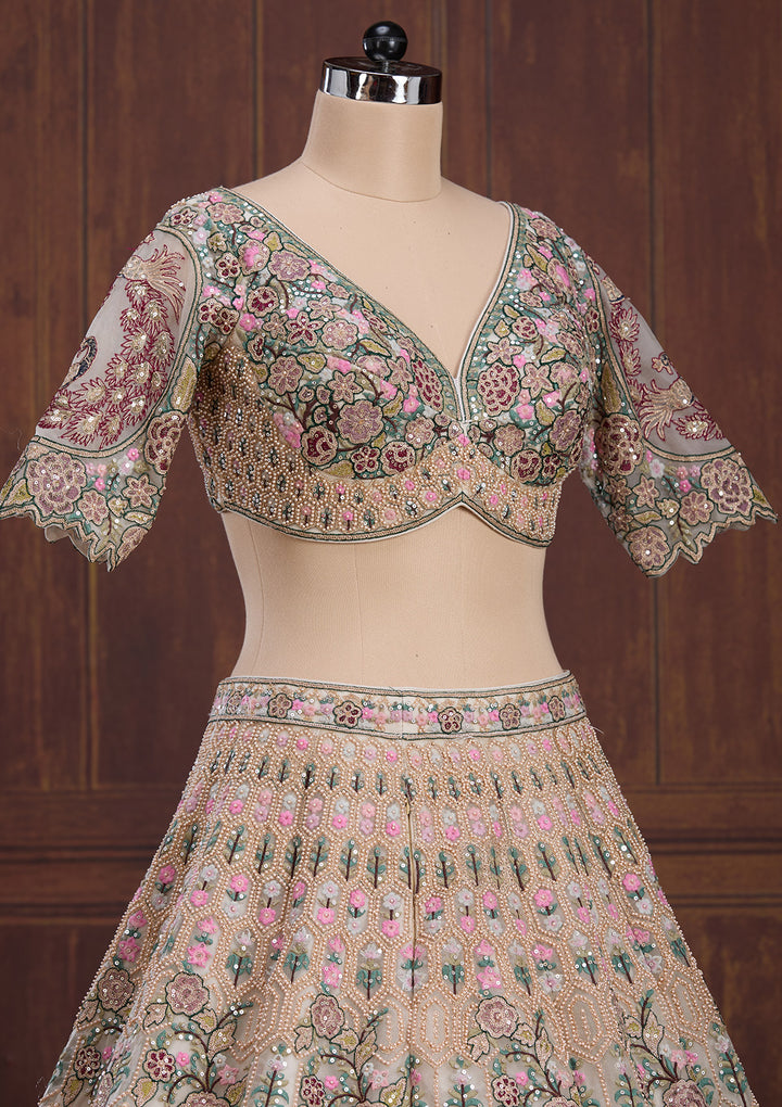 Beige Zariwork (Gold) Net Readymade Lehenga