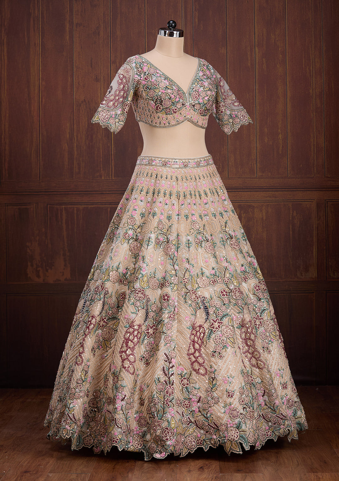 Beige Zariwork (Gold) Net Readymade Lehenga