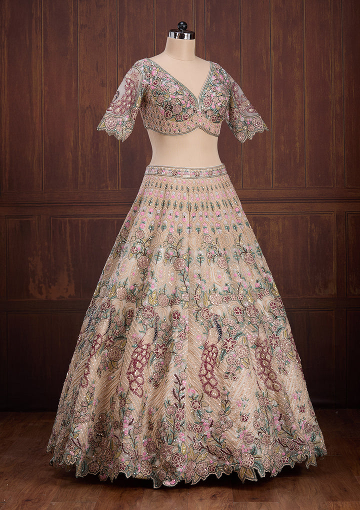 Beige Zariwork (Gold) Net Readymade Lehenga
