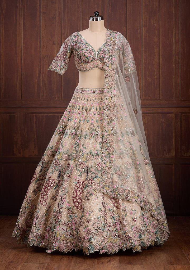 Beige Zariwork (Gold) Net Readymade Lehenga
