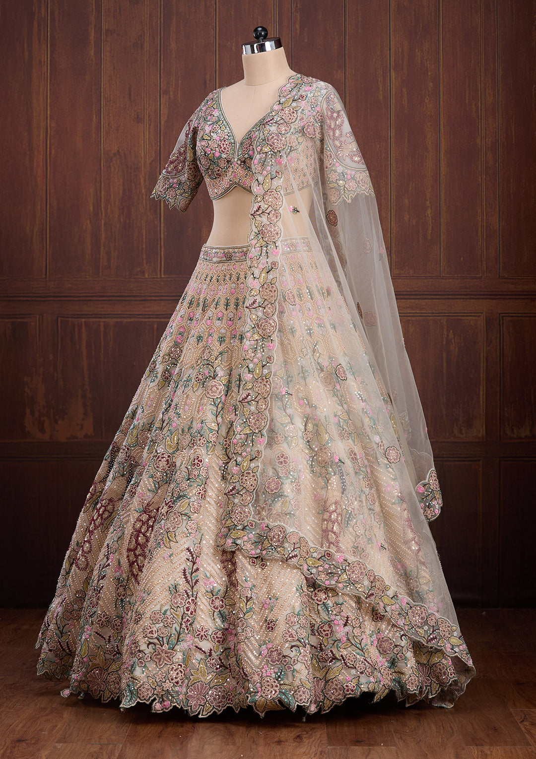 Beige Zariwork (Gold) Net Readymade Lehenga