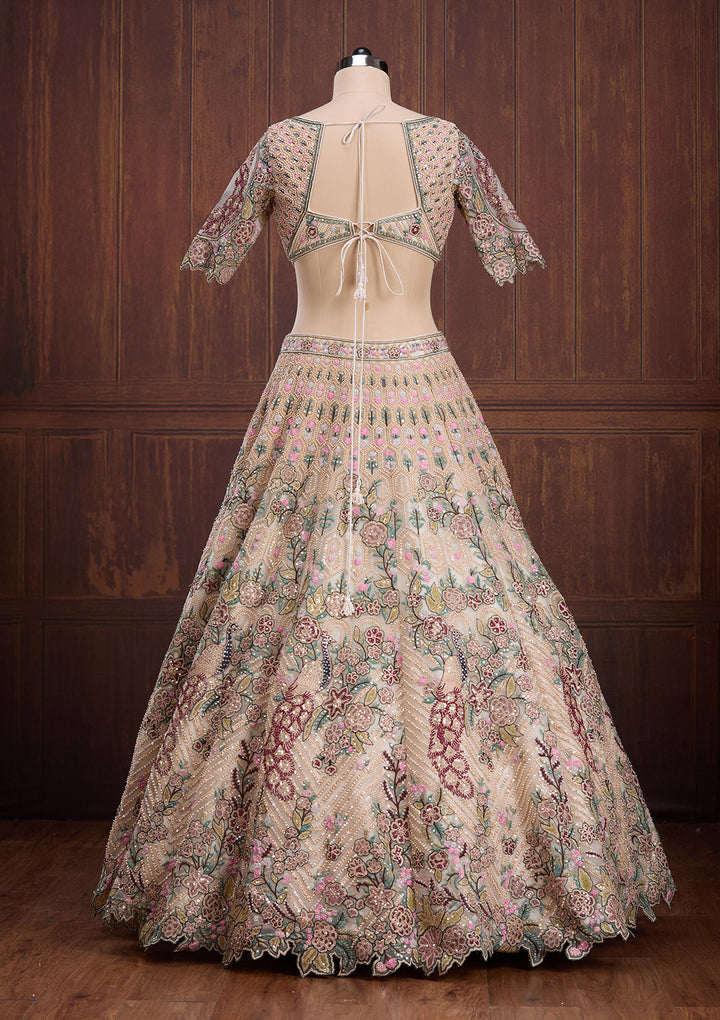 Beige Zariwork (Gold) Net Readymade Lehenga