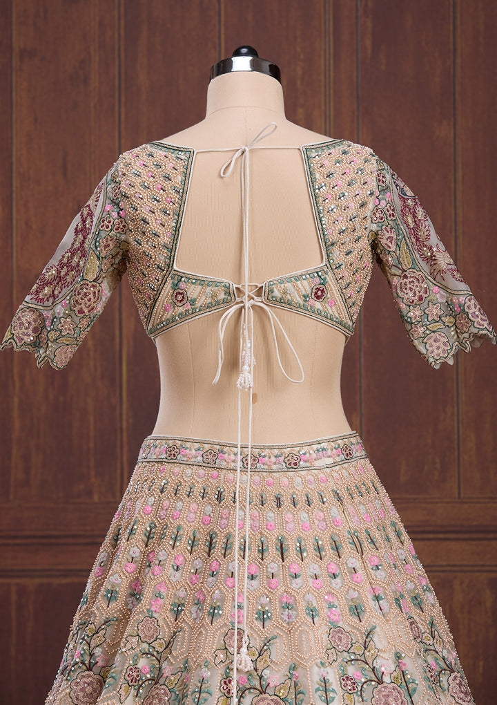 Beige Zariwork (Gold) Net Readymade Lehenga