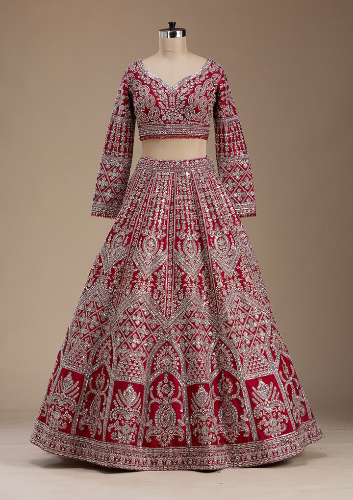 Red Silver Zariwork Raw Silk Readymade Lehenga