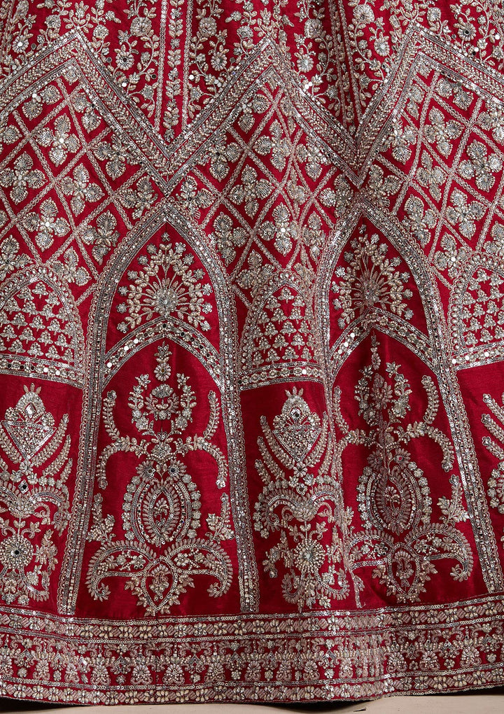 Red Silver Zariwork Raw Silk Readymade Lehenga