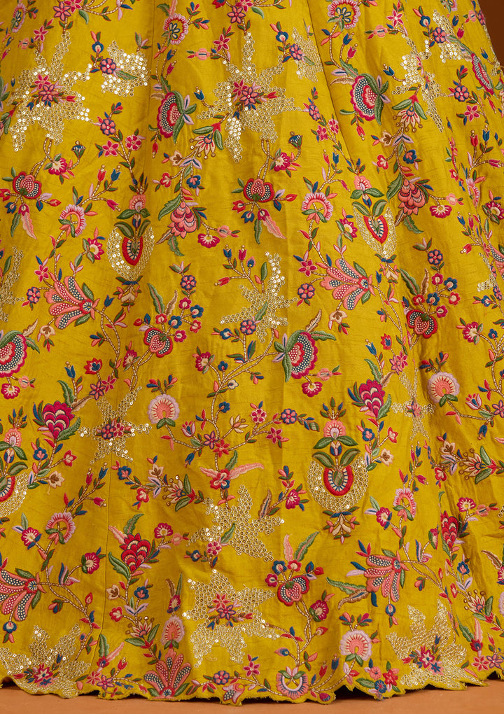 Mustard Sequins Raw Silk Readymade Lehenga