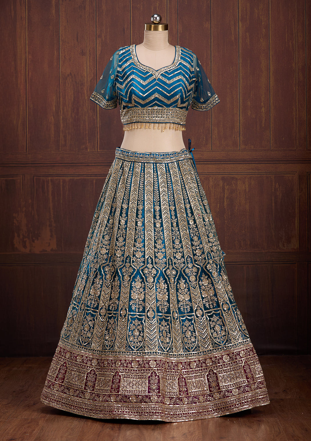 Peacock Blue Cording Net Readymade Lehenga