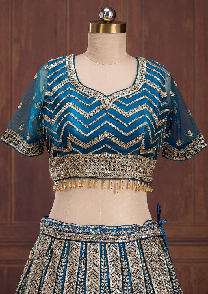 Peacock Blue Cording Net Readymade Lehenga