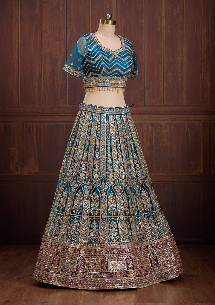 Peacock Blue Cording Net Readymade Lehenga