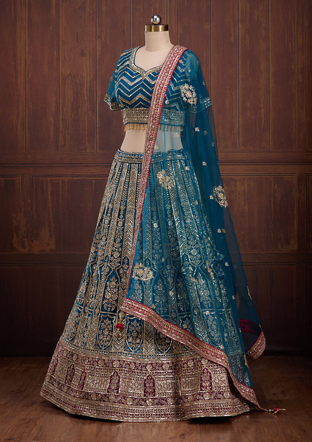 Peacock Blue Cording Net Readymade Lehenga