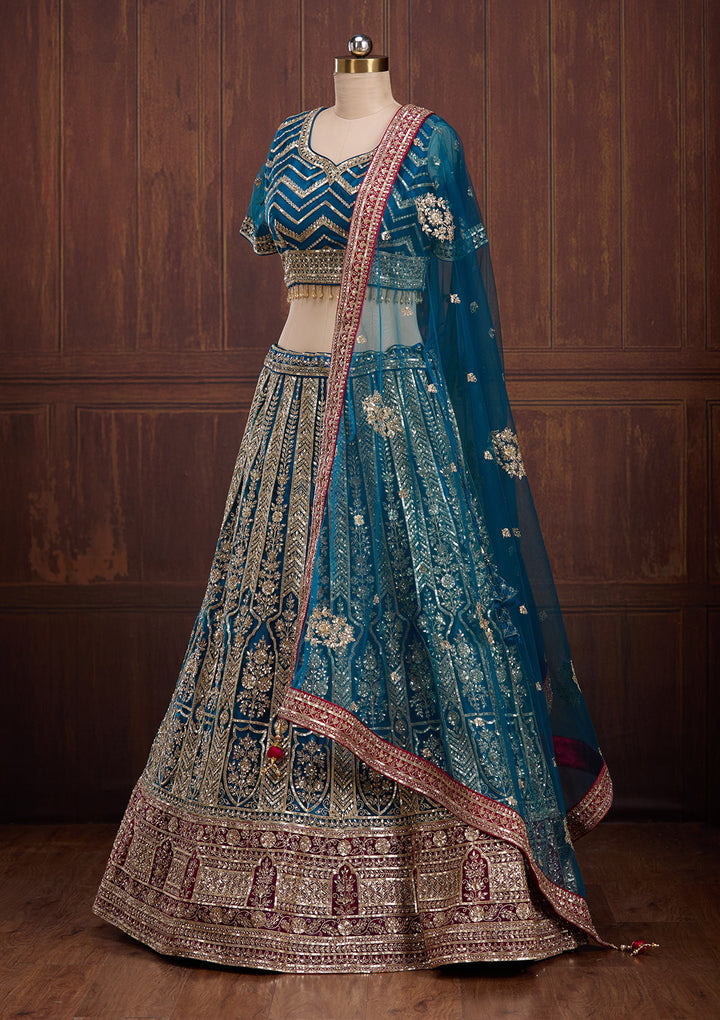 Peacock Blue Cording Net Readymade Lehenga