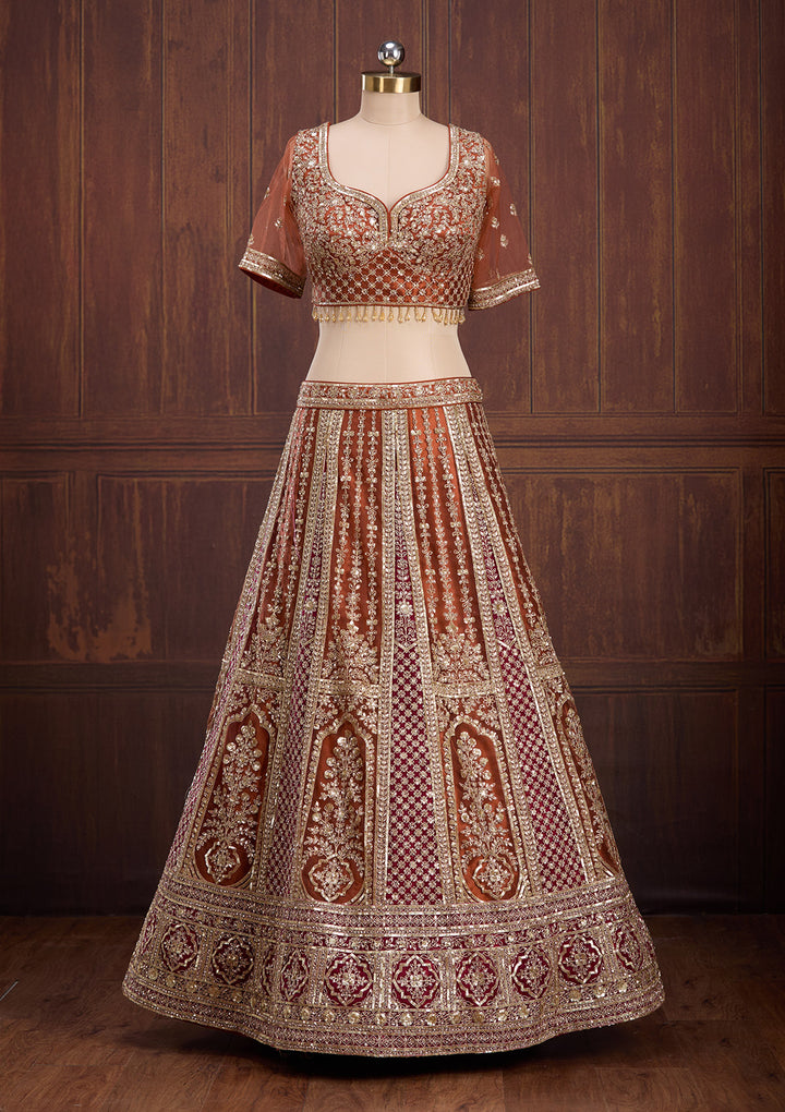 Rust Cording Net Readymade Lehenga