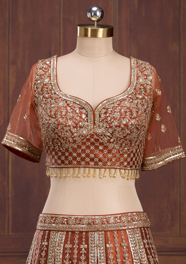 Rust Cording Net Readymade Lehenga