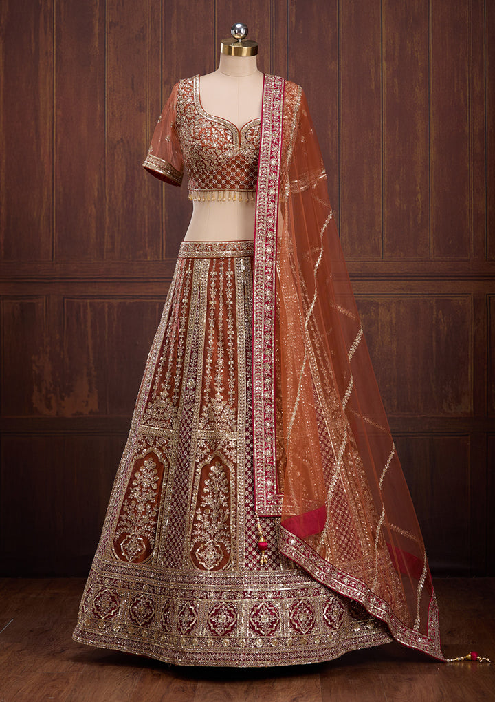 Rust Cording Net Readymade Lehenga