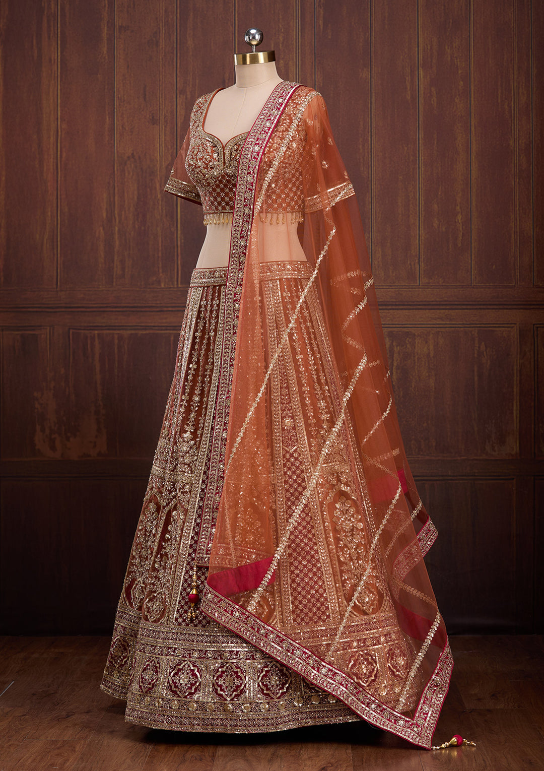 Rust Cording Net Readymade Lehenga
