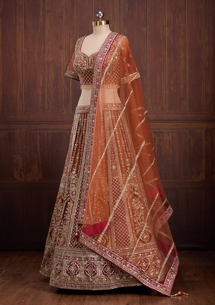 Rust Cording Net Readymade Lehenga