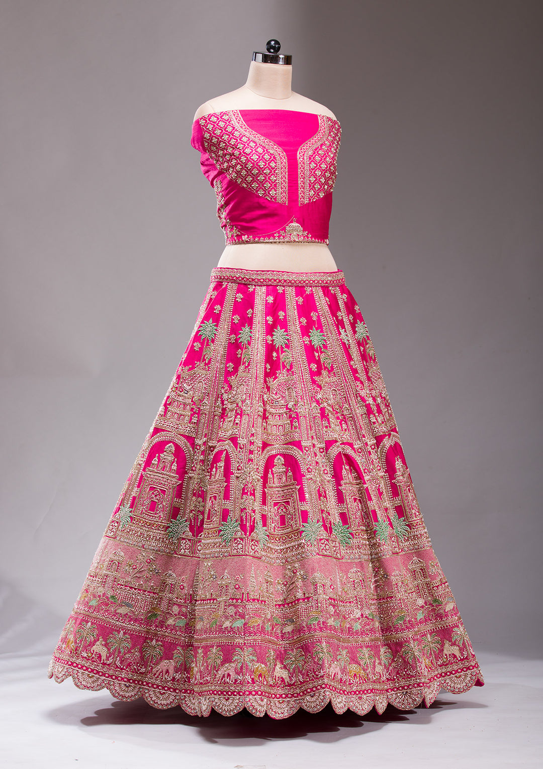 Rani Pink Zardosi Raw Silk Semi-Stitched Lehenga