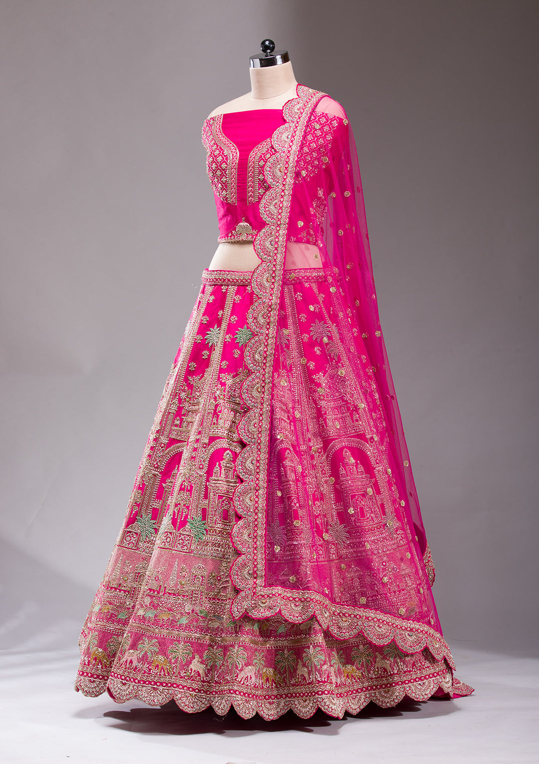 Rani Pink Zardosi Raw Silk Semi-Stitched Lehenga