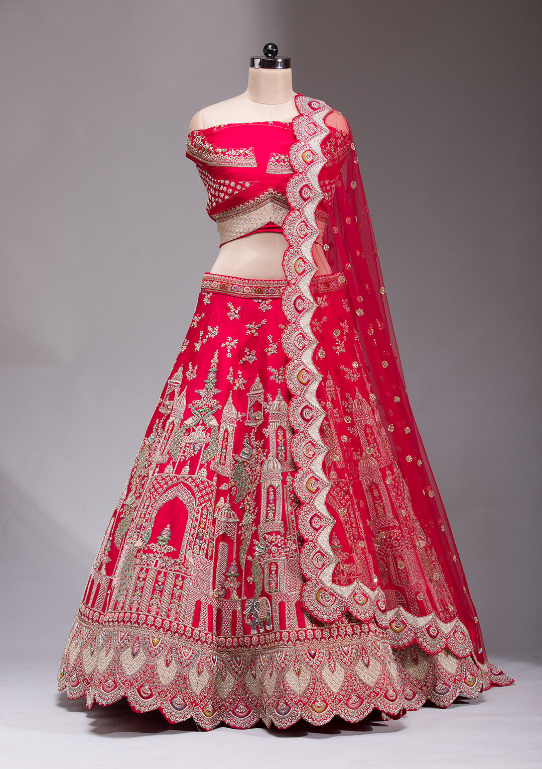 Red Zardosi Raw Silk Semi Stitched Lehenga