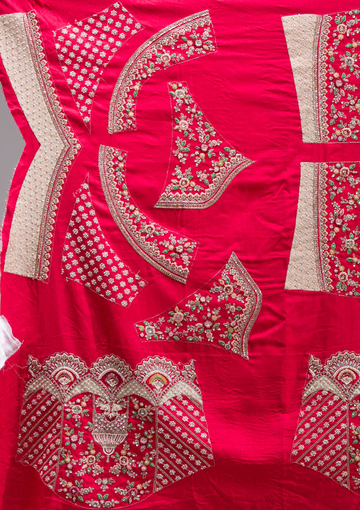 Red Zardosi Raw Silk Semi Stitched Lehenga