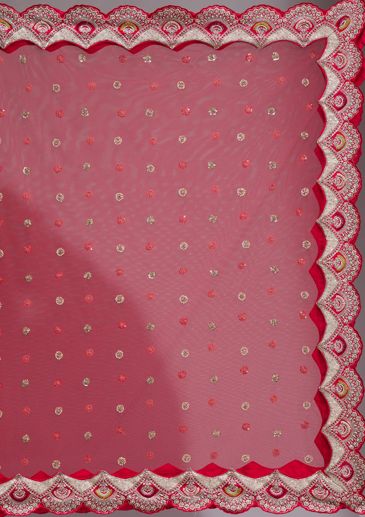 Red Zardosi Raw Silk Semi Stitched Lehenga