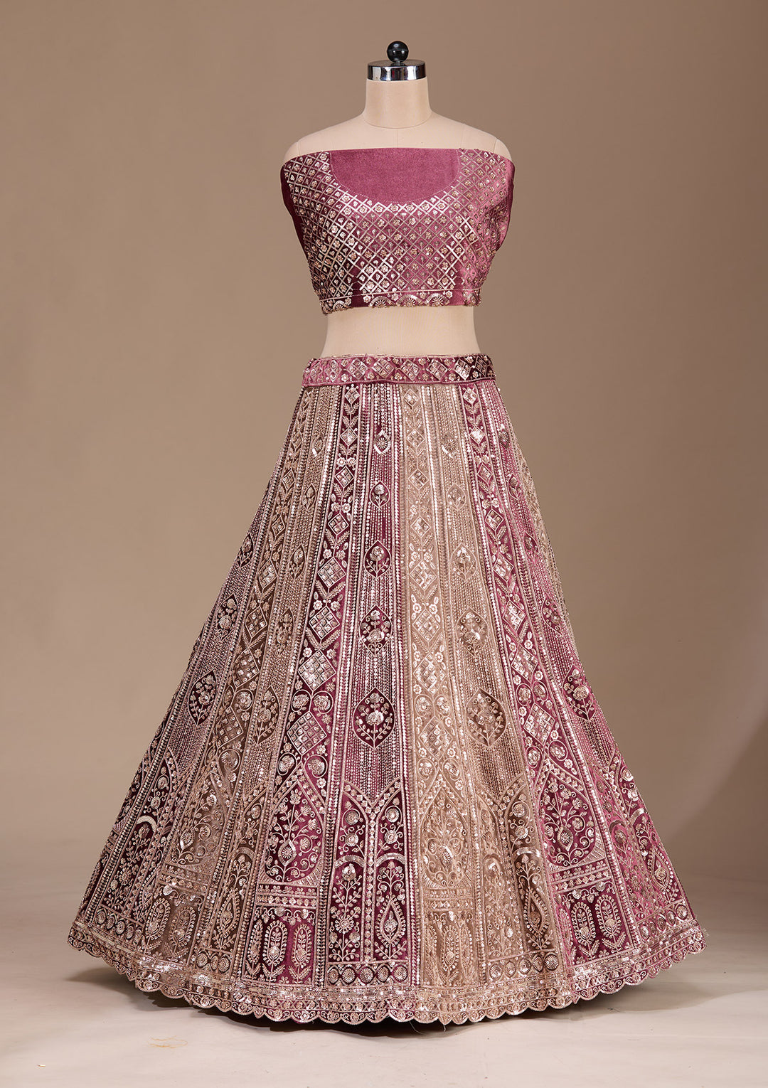 Wine Sequins Velvet Semi-Stitched Lehenga