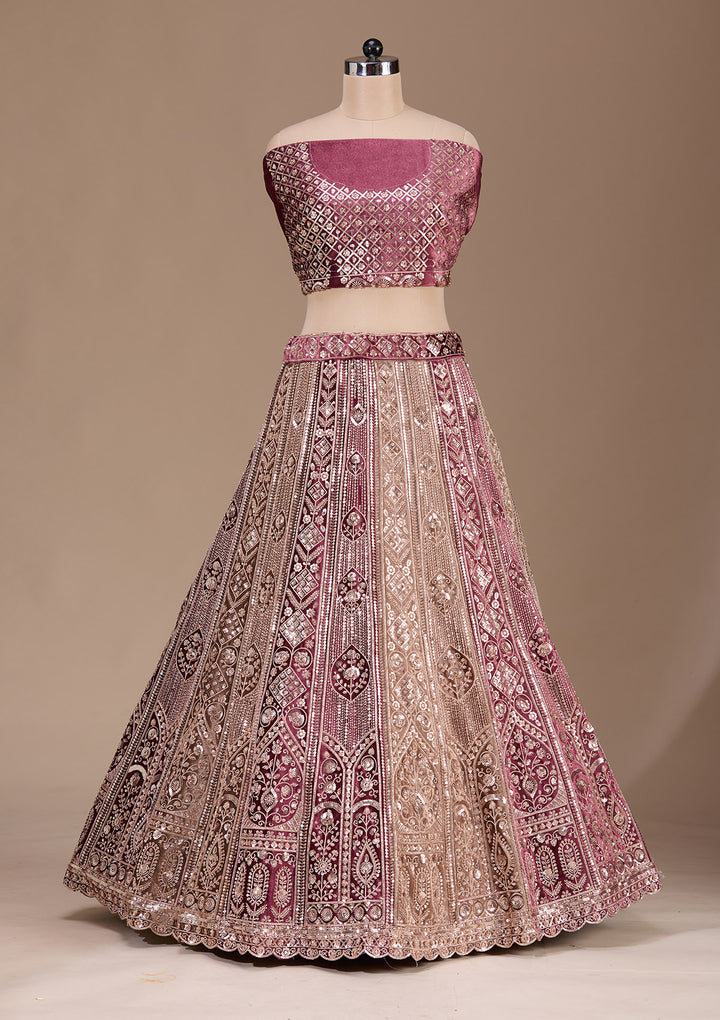 Wine Sequins Velvet Semi-Stitched Lehenga