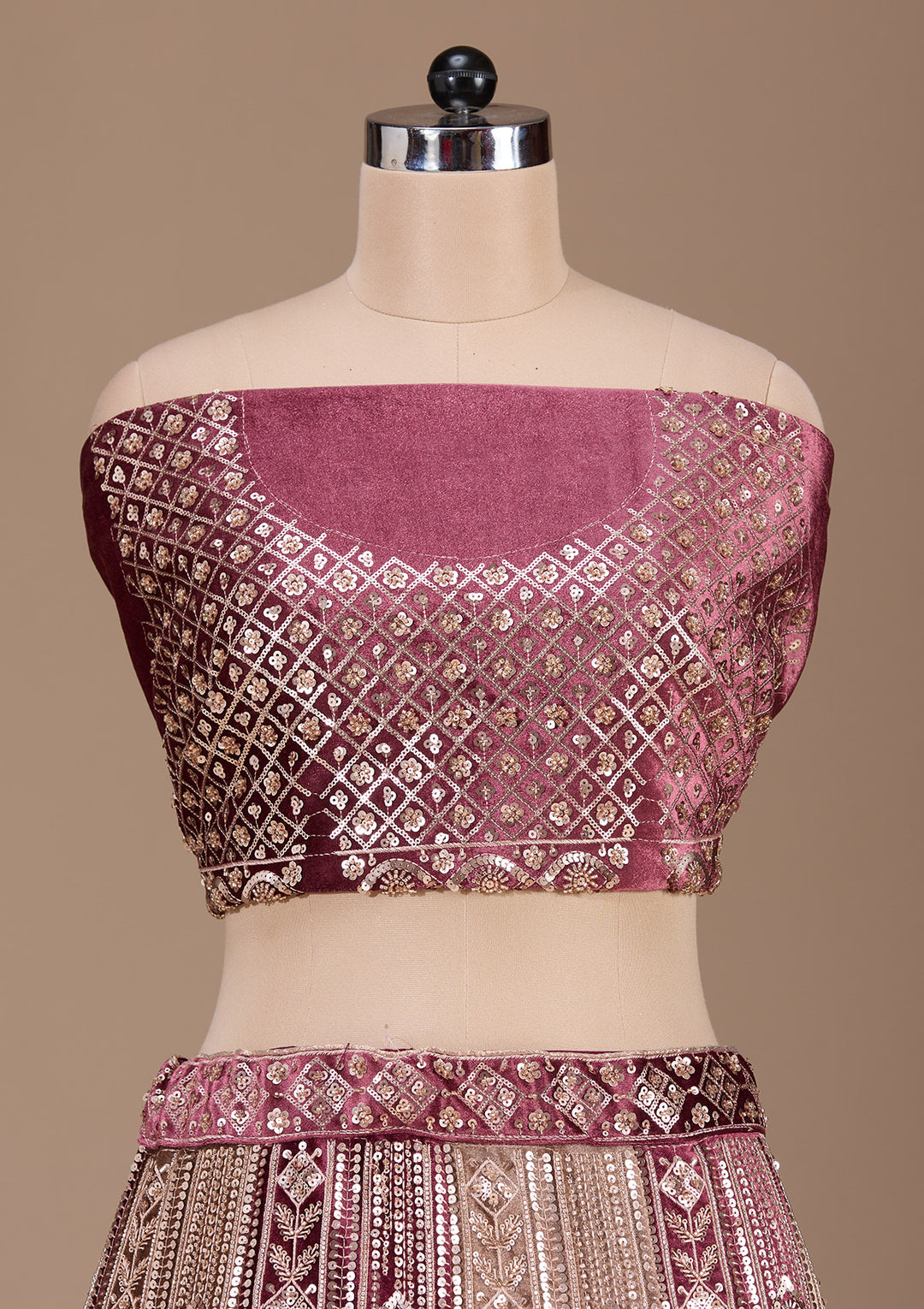 Wine Sequins Velvet Semi-Stitched Lehenga